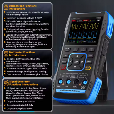 Musktool-2C53T 2pcs 10X Probe 3 In1 50Mhz 250Msa/s Two Channel Digital Oscilloscope with signal Generator and Digital Multimeter